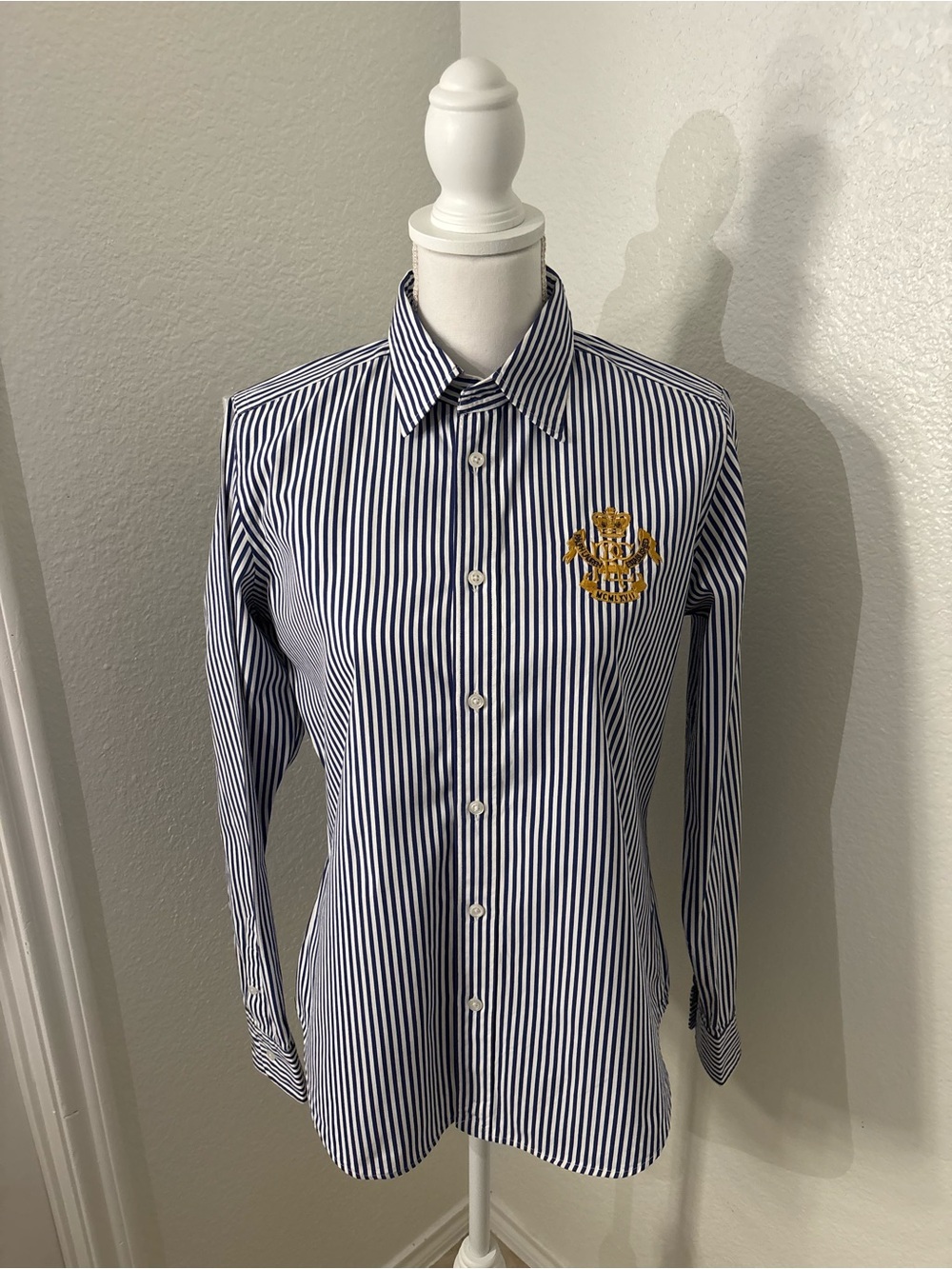 Ralph Lauren Navy White Striped Button-Down Embroidered RL Large Crest 2000’s